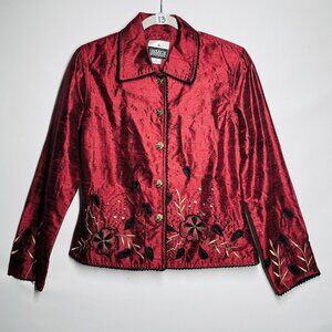 Yakmagik Womens Dark Red Embroidered Embellished Y2K Silk Jacket Size Medium